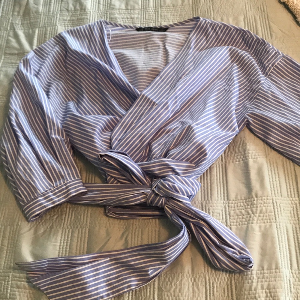 Blue Wrap Blouse with Puff Quarter Sleeves